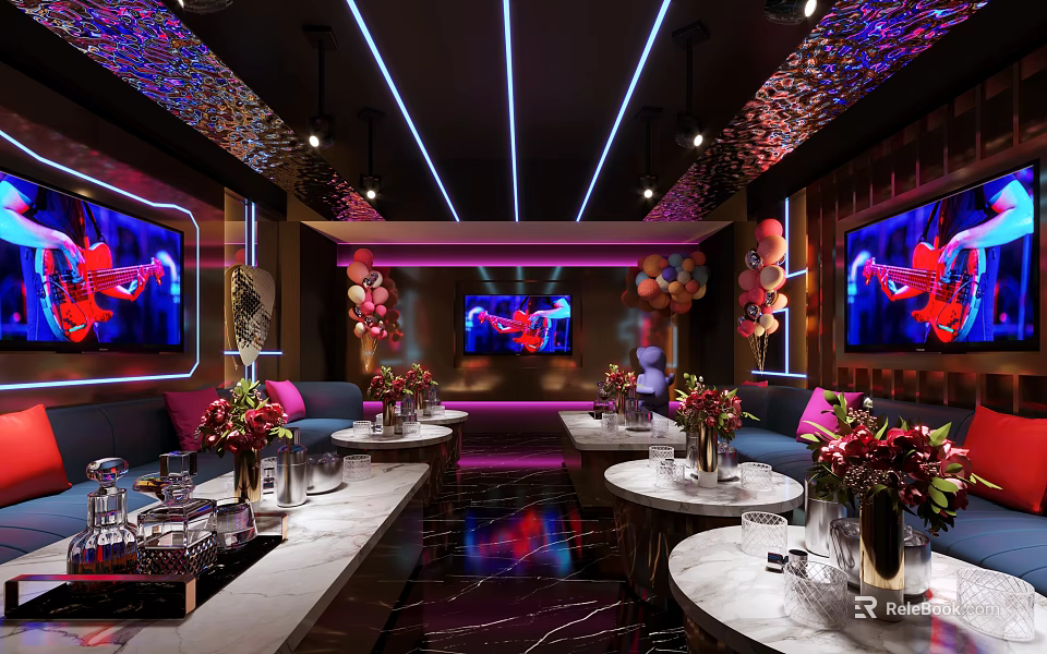 Luxury KTV Interior With Colorful Lighting Large Screens Comfortable Seats And Floral Decorations 3d model 
