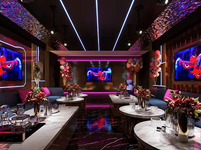 Luxury KTV Interior With Colorful Lighting Large Screens Comfortable Seats And Floral Decorations 3d model