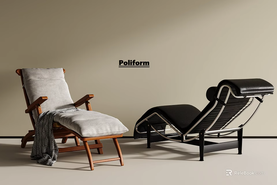 Modern Chaise Lounges In Gray And Black With Wooden And Metal Frames And Blanket 3d model 