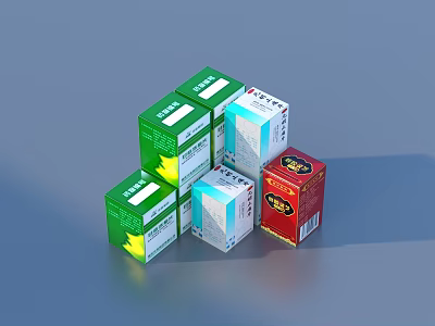 Various Colored Medicine Boxes Stacked On Gray Surface For Daily Use 3d model
