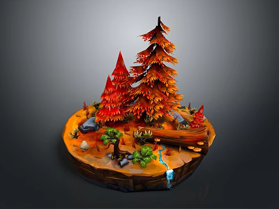 Vibrant Forest Landscape With Red Orange Trees Small Stream Rocks And Green Plants 3d model