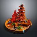 Vibrant Forest Landscape With Red Orange Trees Small Stream Rocks And Green Plants