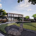 Modern Garden Landscape With Water Feature Circular Stepping Stones Green Trees And Sculpture