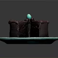 Delicious Chocolate Cake on Blue Plate with Top Blue Decorative Ball and Sliced Exposed Layers