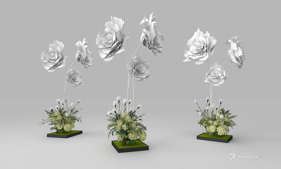 Modern Decorative White Peony Flowers With Green Foliage And Black Base 3d model 