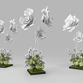 Modern Decorative White Peony Flowers With Green Foliage And Black Base