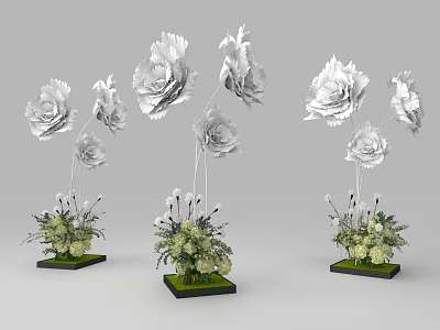 Modern Decorative White Peony Flowers With Green Foliage And Black Base 3d model