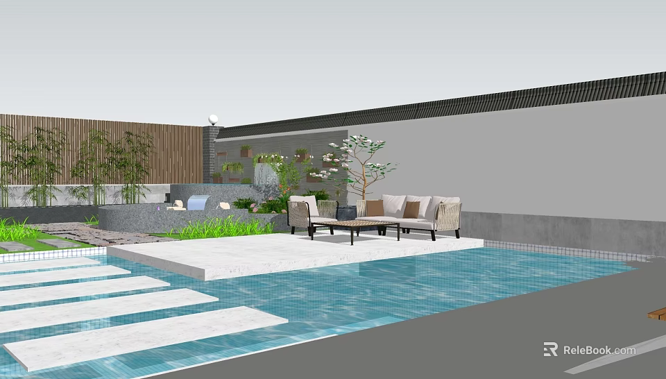 Modern Garden Landscape With Swimming Pool Sofa Set Lush Plants And Water Feature 3d model 