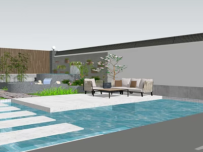 Modern Garden Landscape With Swimming Pool Sofa Set Lush Plants And Water Feature 3d model