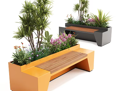 Outdoor Planter Bench Chair with Wooden Seat and Green Plants Flowers in Orange Grey Design 3d model