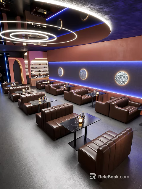 Modern Bar Interior With Brown Leather Sofas Small Black Tables Round Wall Blue Light Strips 3d model