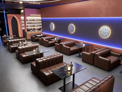 Modern Bar Interior With Brown Leather Sofas Small Black Tables Round Wall Blue Light Strips 3d model