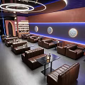 Modern Bar Interior With Brown Leather Sofas Small Black Tables Round Wall Blue Light Strips 3d model