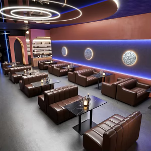 -Ji Industrial Style Bar, Tavern Music Dining Bar, Western Restaurant, Qingba Card Seat, Sofa, Dining Table and Chair Combination, Leather Double Sofa, Wine Glass, Wine Bottle Jewelry Ornaments 3d model