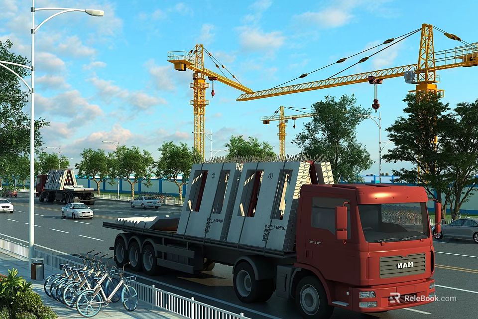 Red Flatbed Truck Transporting Cargo On Road With Construction Cranes And Trees 3d model 