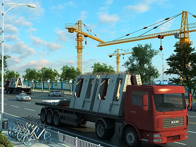 Red Flatbed Truck Transporting Cargo On Road With Construction Cranes And Trees 3d model