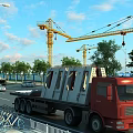 Red Flatbed Truck Transporting Cargo On Road With Construction Cranes And Trees 3d model