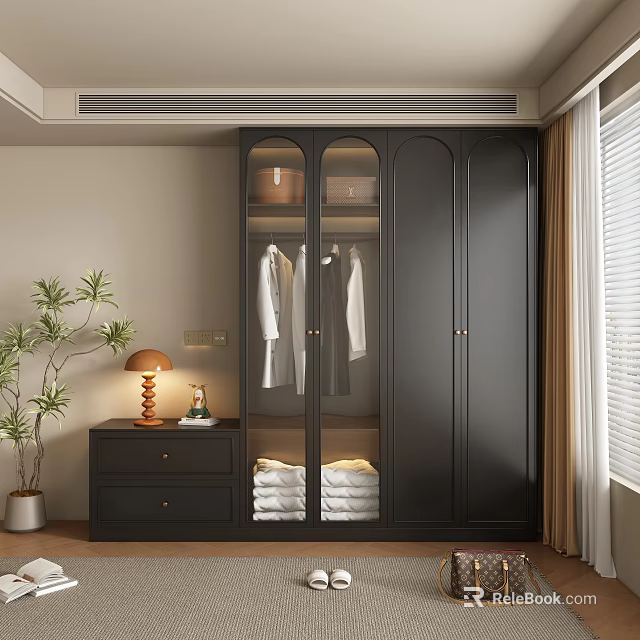Modern Black Wardrobe With Glass Doors Hanging Shirts Folded Towels And Table Lamp 3d model 