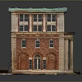Historic Red Brick Building Scenery With Green Roof Arched Windows And Steps