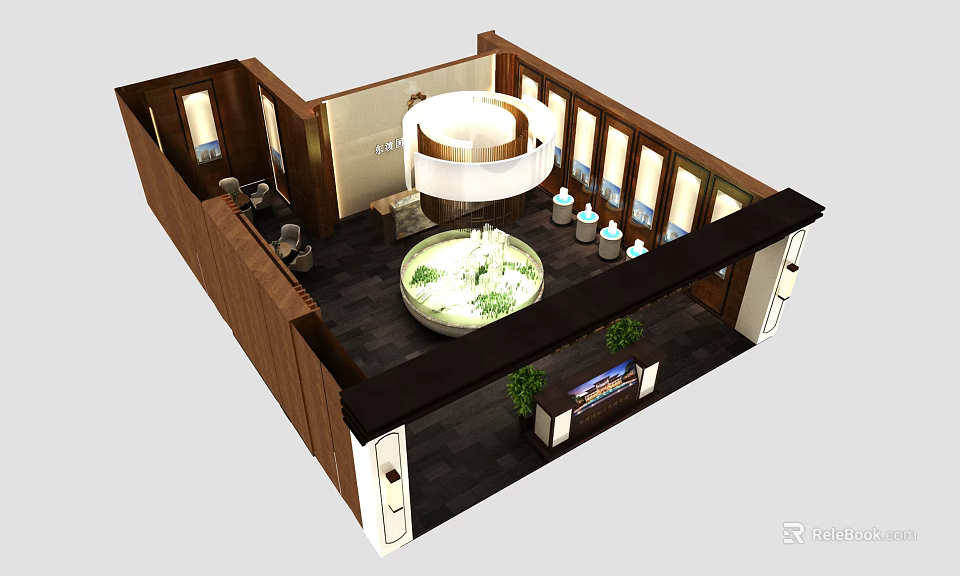 Modern Indoor Space With Circular Dining Table Chandelier Green Plants And Wooden Decor 3d model 