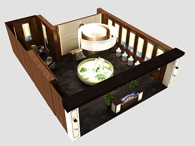 Modern Indoor Space With Circular Dining Table Chandelier Green Plants And Wooden Decor 3d model