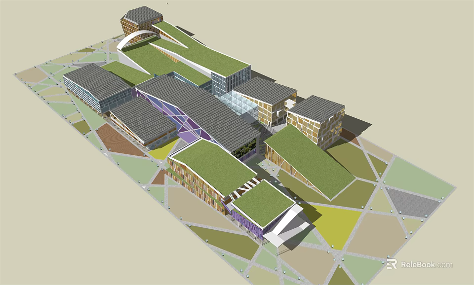 Modern Interconnected Building Complex Design With Green Roofs And Glass Elements 3d model 