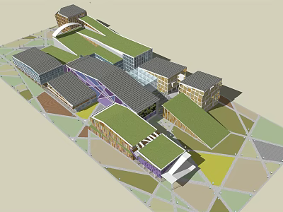 Modern Interconnected Building Complex Design With Green Roofs And Glass Elements 3d model