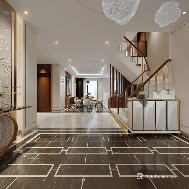 Modern Duplex Living Room Interior with Stairs and Marble Flooring 3d model