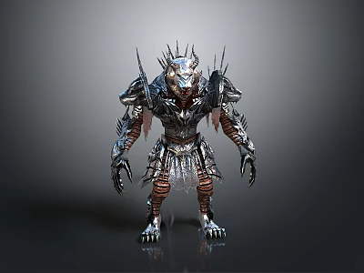 Fantasy Monster 3D Model With Metallic Armor Spikes Beast Head And Sharp Claws 3d model