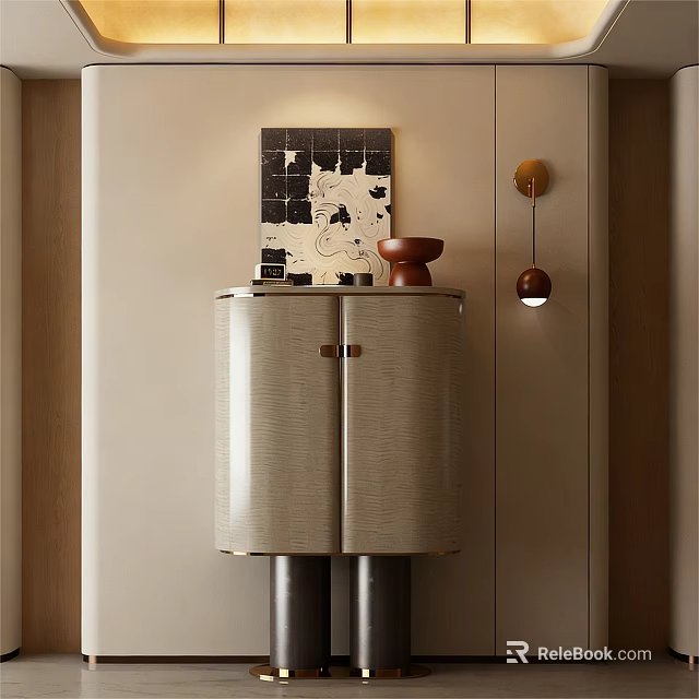 Modern Entryway Side Cabinet With Double Door Design Decorative Artwork And Wall Lamp 3d model 
