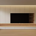 Modern TV Wall Unit With Built in TV White Wooden Slatted Base And Storage Shelves