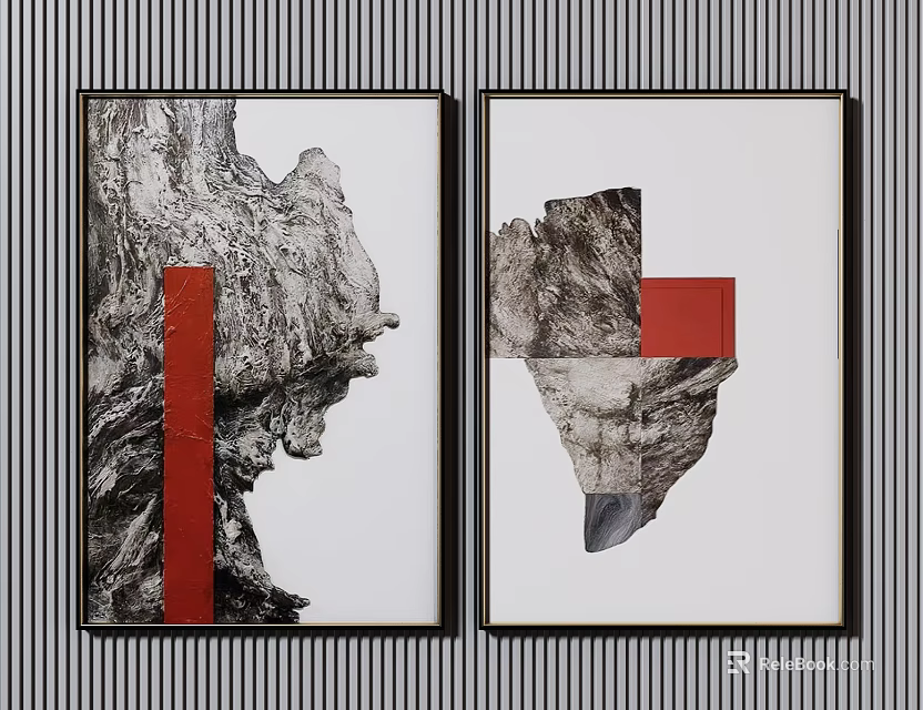 Two Piece Textured Wall Art With Gray Tones Red Geometric Elements And Black Frames 3d model