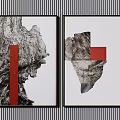 Two Piece Textured Wall Art With Gray Tones Red Geometric Elements And Black Frames 3d model