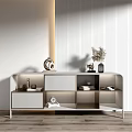 Modern Light Gray Decorative Cabinet Featuring Open Shelves Closed Drawers And Dried Plants