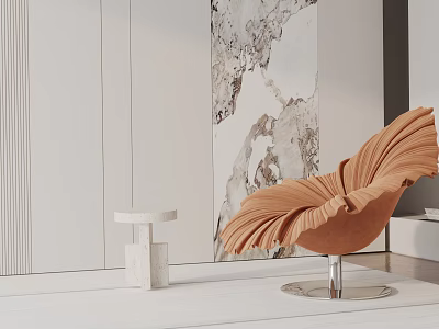 Elegant Orange Leisure Chair with Pleated Design Metal Base White Side Table and Marble Wall 3d model