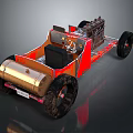 Red Custom Car With Gold Accents Black Tires And Exposed Mechanical Parts