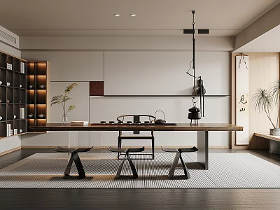 Minimalist Tea Room Interior Design With Long Table Tea Sets Wooden Stools And Potted Plants 3d model