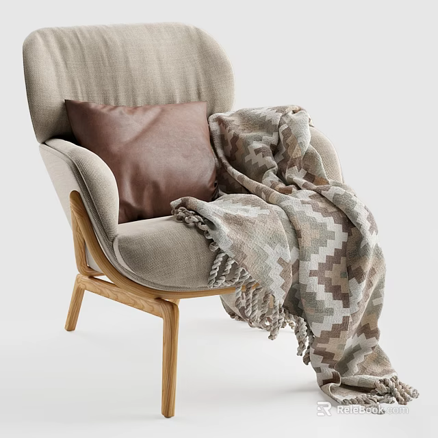 Light Gray Leisure Chair with Brown Leather Cushion Geometric Pattern Blanket and Wooden Legs 3d model 
