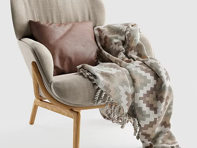 Light Gray Leisure Chair with Brown Leather Cushion Geometric Pattern Blanket and Wooden Legs 3d model