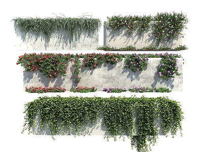 Green Climbing And Hanging Vines Covering Gray Wall With Various Flowering Plant Types 3d model