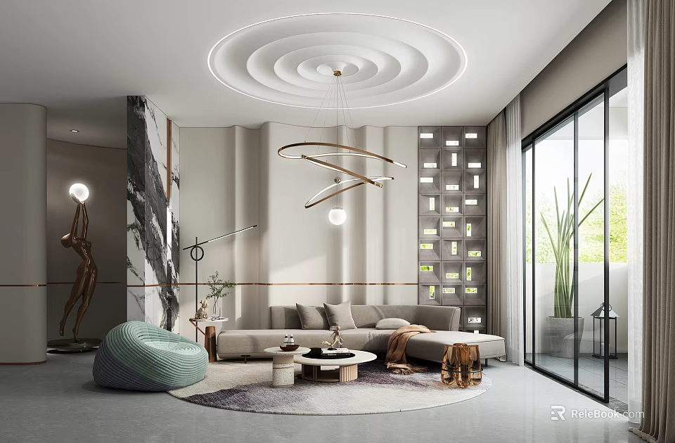 Modern Living Room Interior With Curved Chandelier L-shaped Sofa Green Cushion Round Coffee Tables 3d model 