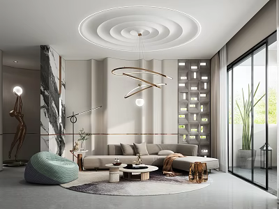 Modern Living Room Interior With Curved Chandelier L-shaped Sofa Green Cushion Round Coffee Tables 3d model