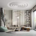 Modern Living Room Interior With Curved Chandelier L-shaped Sofa Green Cushion Round Coffee Tables