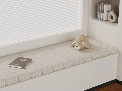 Cozy Window Bench With Stuffed Bear Book And Shelf With Books Vase 3d model