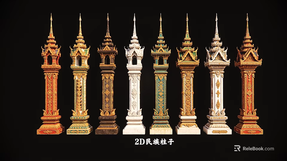 Colorful 2D Ethnic Columns with Intricate Traditional Patterns and Cultural Artwork 3d model 