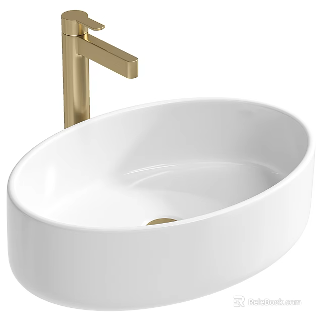 Elegant White Ceramic Oval Bathroom Washbasin With Gold Faucet Design 3d model 