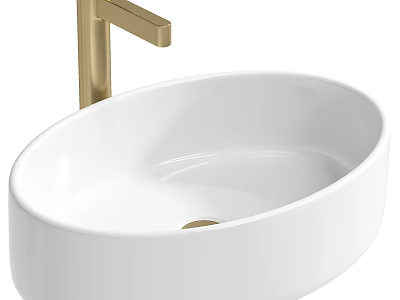 Elegant White Ceramic Oval Bathroom Washbasin With Gold Faucet Design 3d model