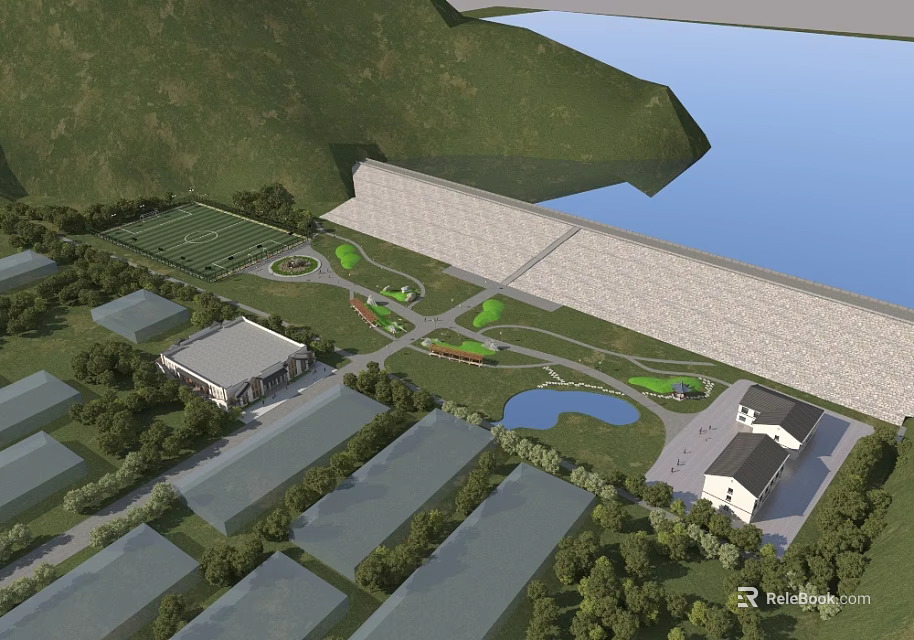 Scenic Landscape With Mountain Lake Dam Lush Green Spaces Buildings And Trees 3d model 