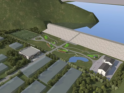 Scenic Landscape With Mountain Lake Dam Lush Green Spaces Buildings And Trees 3d model