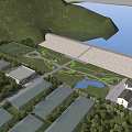 Scenic Landscape With Mountain Lake Dam Lush Green Spaces Buildings And Trees